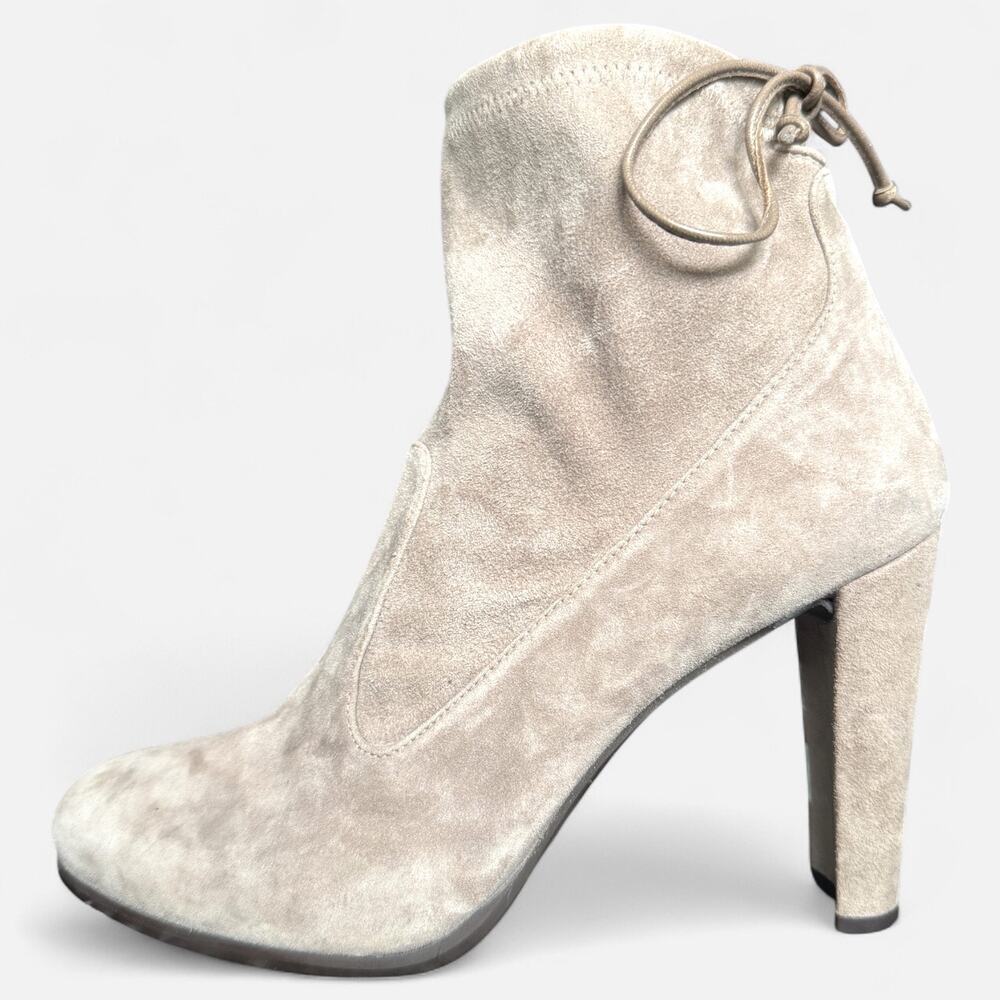Stuart Weitzman Designer Suede‎ Ankle Boots Taupe Block Heel Tie-Back 9.5